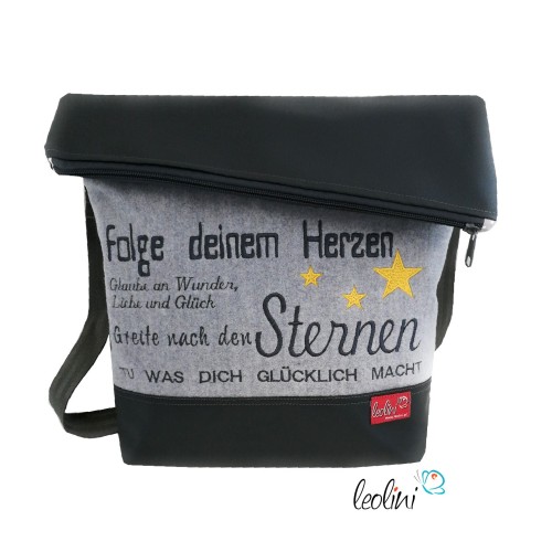 Foldover Tasche Spruch Stickerei Greif nach den Sternen  - handgemachte Kunstledertasche Leolini - 1