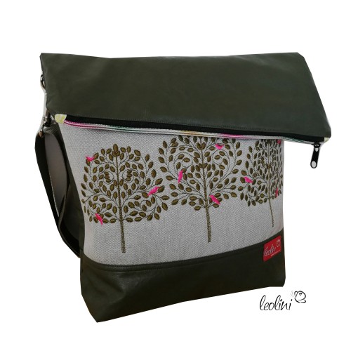 Foldover Tasche Lebensbäume Stickerei oliv mit Außenfach Leolini - 6
