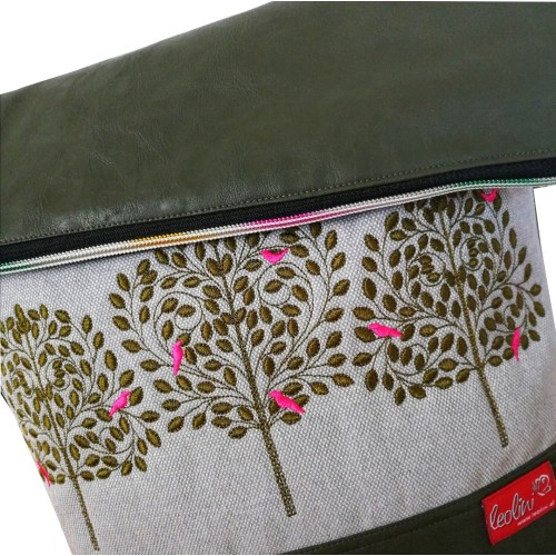 Foldover Tasche Lebensbäume Stickerei oliv mit Außenfach Leolini - 8