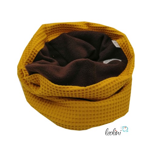 Schlupfschal Loop Waffelpique und Polarfleece senf und braun Leolini - 3