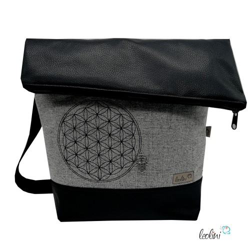Foldover Tasche in schwarz | Blume des Lebens Stickerei Leolini - 1