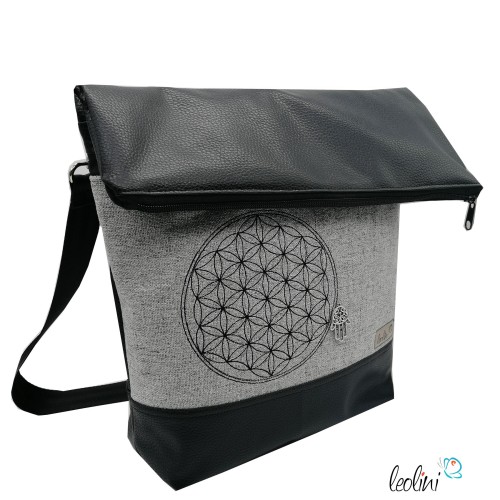 Foldover Tasche in schwarz | Blume des Lebens Stickerei Leolini - 4
