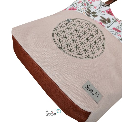 Shopper aus Canvas mit Stickerei Blume des Lebens | BLUMEN| mit Außenfach und zusätzlichem Gurt Leolini - 8