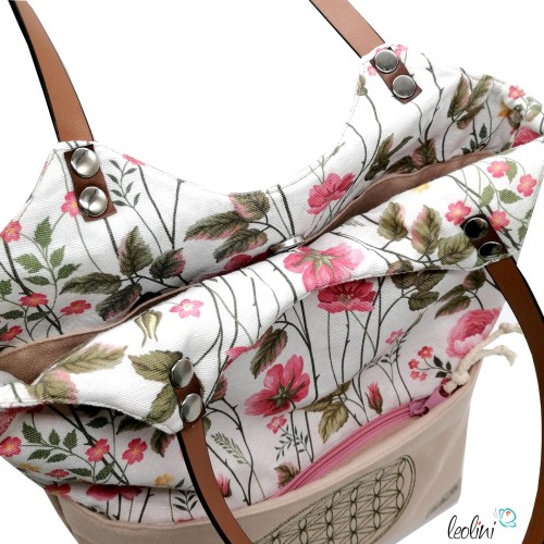 Shopper aus Canvas mit Stickerei Blume des Lebens | BLUMEN| mit Außenfach und zusätzlichem Gurt Leolini - 4