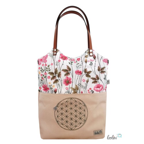 Shopper aus Canvas mit Stickerei Blume des Lebens | BLUMEN| mit Außenfach und zusätzlichem Gurt Leolini - 1