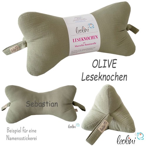 Leseknochen MUSSELIN Double Gauze in OLIVE | personalisierbar und handgemacht Leolini - 5