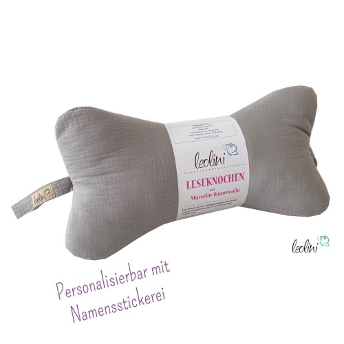 Leseknochen MUSSELIN Double Gauze | HELLGRAU | personalisierbar mit Namen Stickerei Leolini - 1