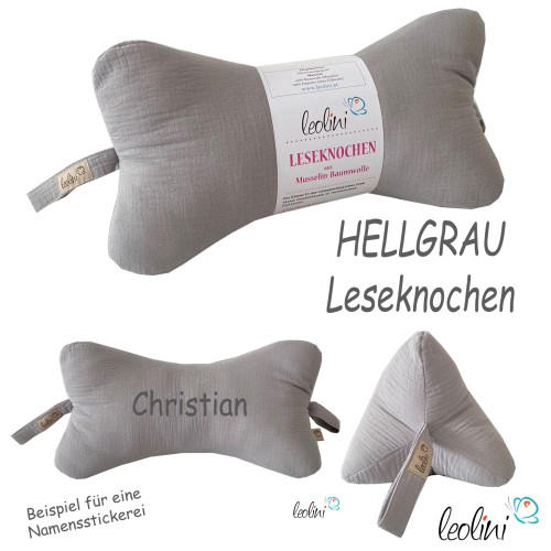 Leseknochen MUSSELIN Double Gauze | HELLGRAU | personalisierbar mit Namen Stickerei Leolini - 5
