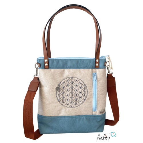 Henkeltasche mit der Blume des Lebens | eisblaues Lederimitat | mit Außenfach Leolini - 2