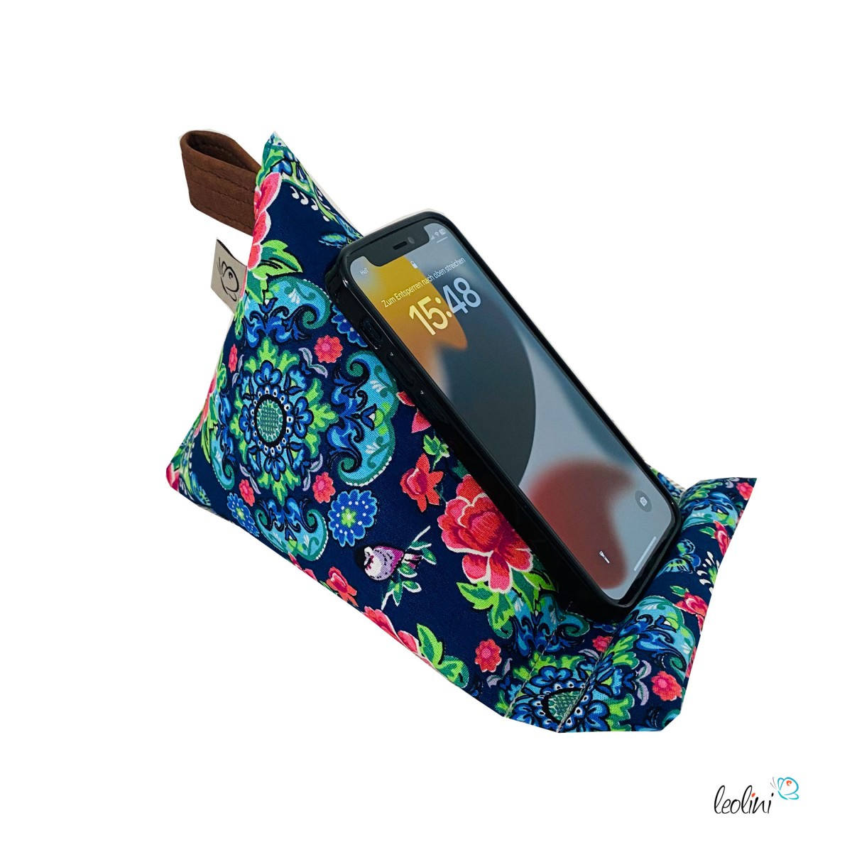Handysitzsack | BLUMENTRAUM dunkelblau aus Baumwolle | Stützkissen für Smartphone und Tablet