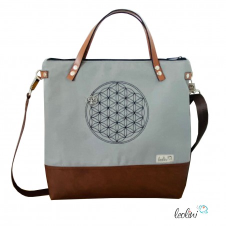 Umhängetasche aus Canvas mit Stickerei BLUME DES LEBENS | Farbe hellgrau mit Henkel Leolini - 1