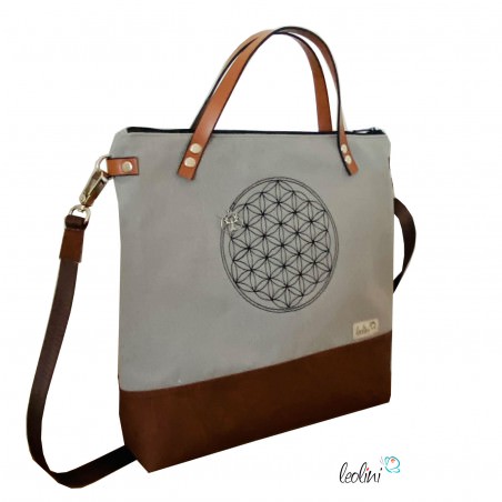Umhängetasche aus Canvas mit Stickerei BLUME DES LEBENS | Farbe hellgrau mit Henkel Leolini - 2
