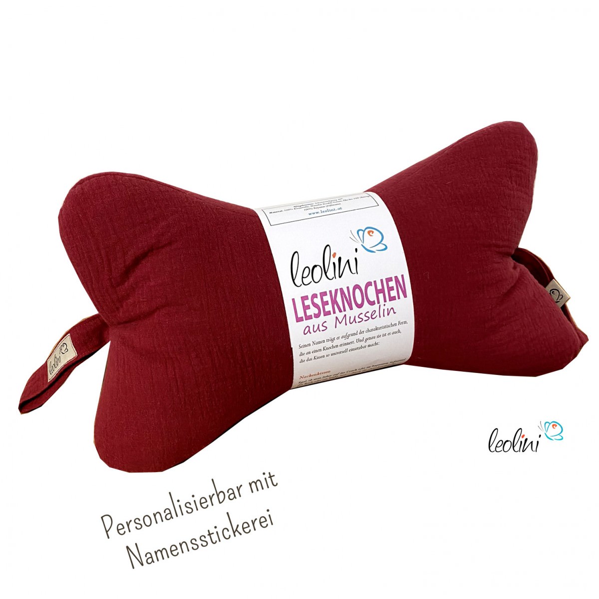 Leseknochen MUSSELIN Double Gauze BORDEAUX - personalisierbar mit Stickerei