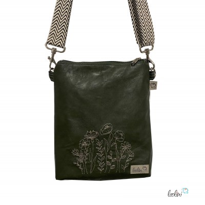 Kleine Umhängetasche KHAKI mit STICKEREI | mit gemustertem Gurtband | Kleine LEOS