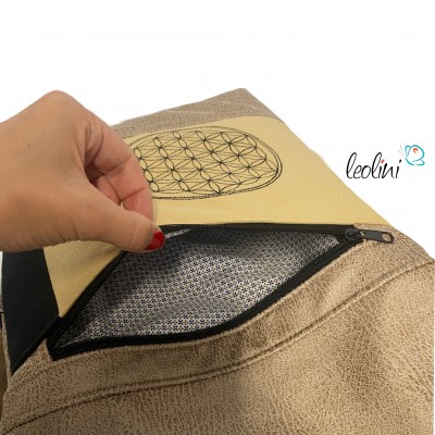 Foldover Tasche mit BLUME DES LEBENS Stickerei beige gold und SCHWARZ | mit Außenfach %category% %price%