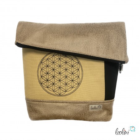 Foldover Tasche mit BLUME DES LEBENS Stickerei beige gold und SCHWARZ | mit Außenfach Leolini - 1