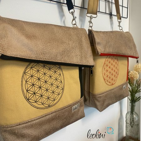 Foldover Tasche mit BLUME DES LEBENS Stickerei beige gold und SCHWARZ | mit Außenfach Leolini - 8