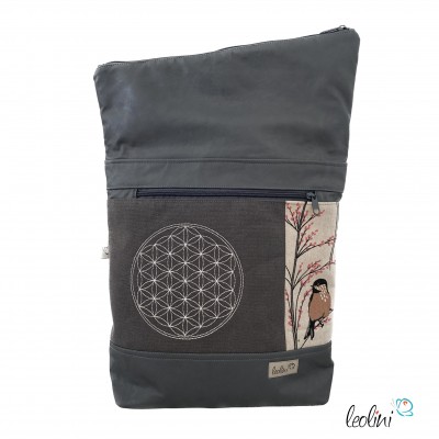 Foldover Tasche mit Blume des Lebens Stickerei mit Vogerl | Grau | mit Außenfach %price% %category%