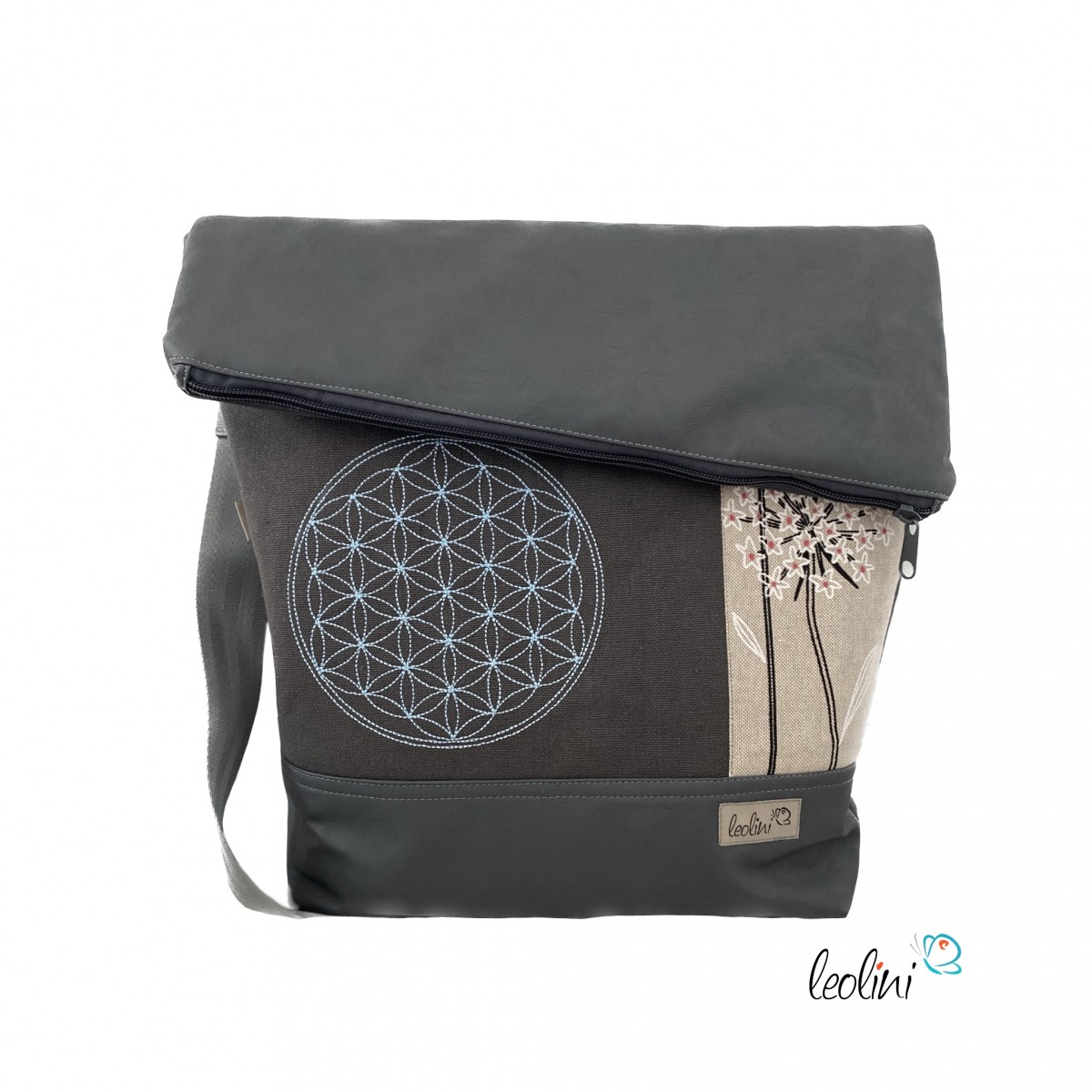 Foldover Tasche mit Blume des Lebens Stickerei mit Pusteblume | Grau | mit Außenfach %price% %category%