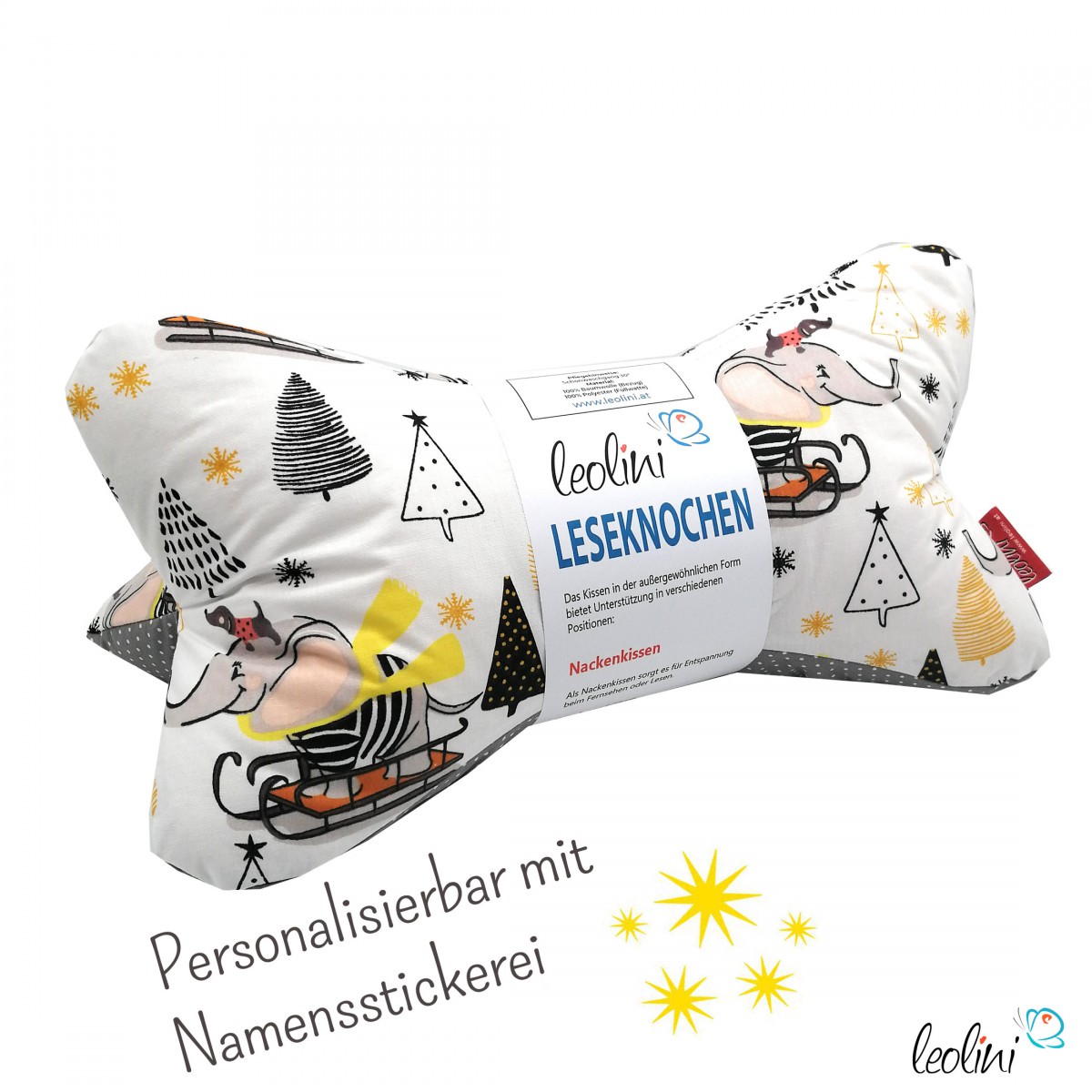 Leseknochen für WEIHNACHTEN | TANNENBAUM & Elefant | mit Namen personalisierbares Nackenkissen %price% %category%