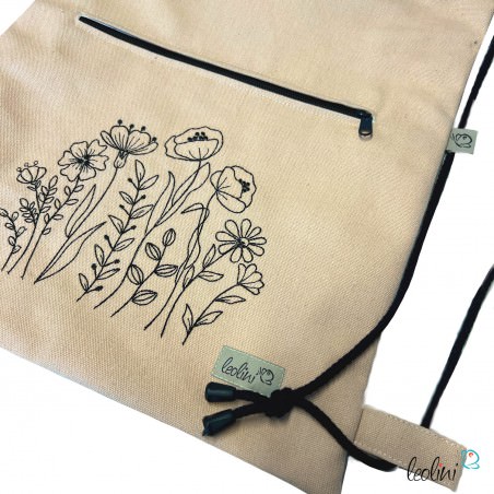 Sportbeutel | Turnbeutel mit Stickerei WIESENBLUMEN NUDE | mit Außenfach Leolini - 4