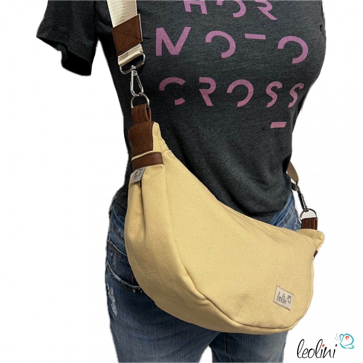 Moon Bag Luna 2.0 | Halbmondtasche SAND Canvas mit Lederimitat – Handgefertigte Schultertasche Leolini - 1