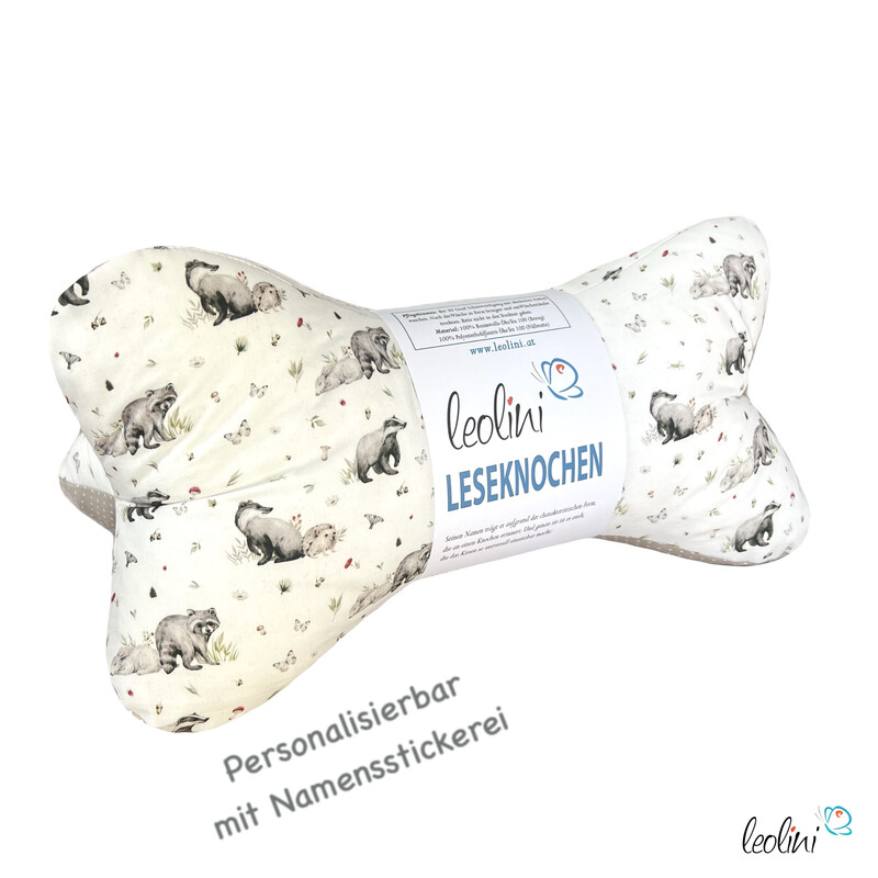 Leseknochen personalisierbar WASCHBÄR HASE | Nackenkissen | handgemacht