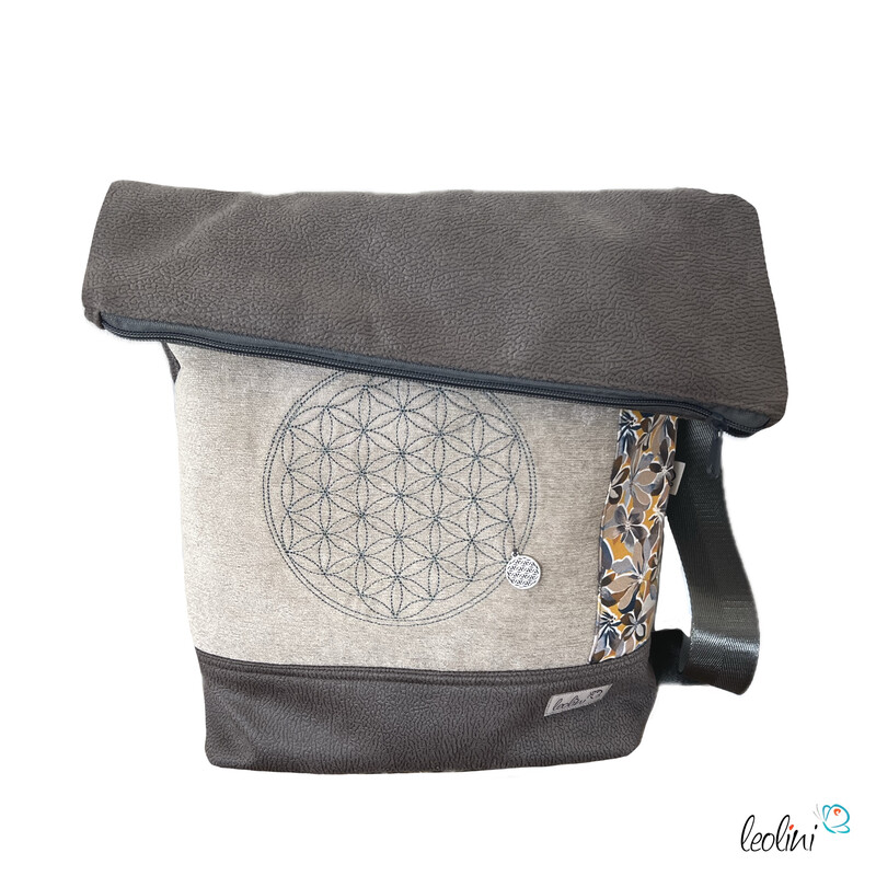 Foldover Tasche mit Blume des Lebens Stickerei | Taupe | mit Außenfach