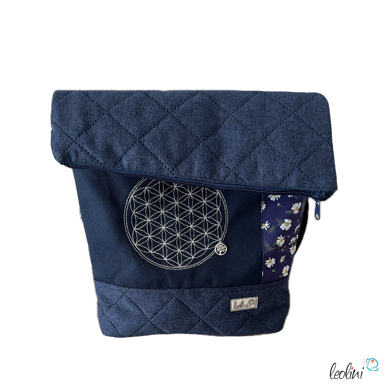 Foldover Tasche mit Blume des Lebens Stickerei | Dunkelblau | mit Außenfach