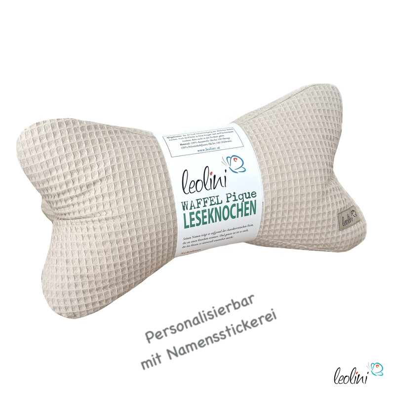 Leseknochen aus Waffelstoff | Nackenkissen HELLBEIGE | personalisierbar mit Name | handgemacht