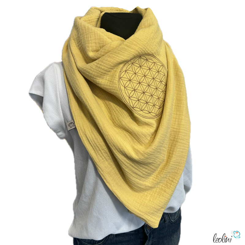 Dreieckiges Musselin-Tuch XL – Double Gauze mit Blume des Lebens Stickerei altgelb
