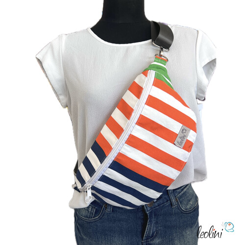 LeoliniBauchtasche XL | Crossbody-Bag | Gürteltasche aus CANVAS - STREIFEN ORANGE DUNKELBLAU