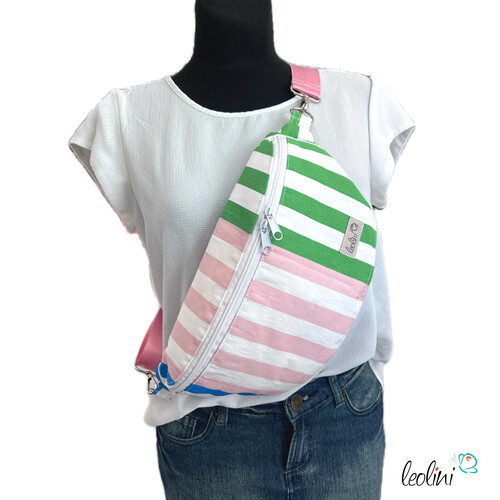 Bauchtasche XL | Crossbody-Bag | Gürteltasche aus CANVAS - STREIFEN Rosa GrünTaschen mit Stickerei und Basic Taschen