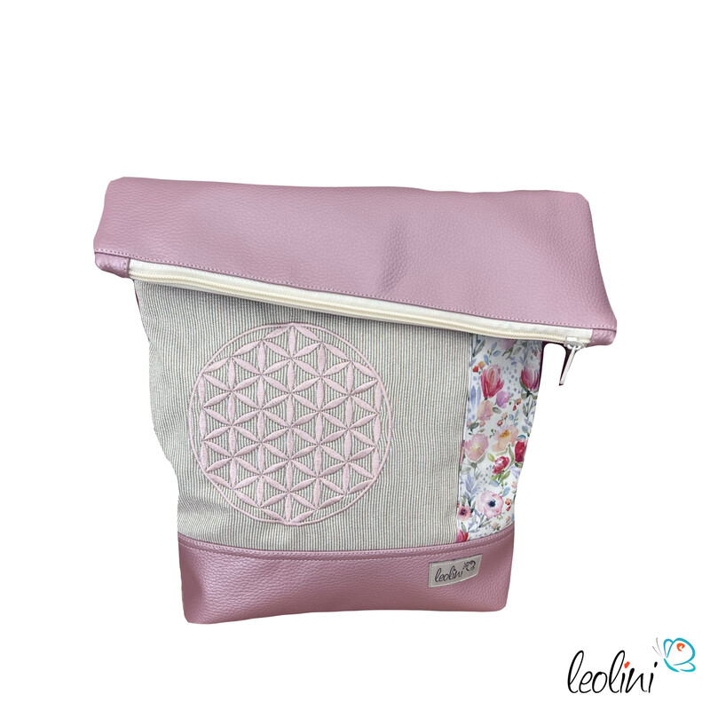 Foldover Tasche Blumen des Lebens Stickerei metallic rosa