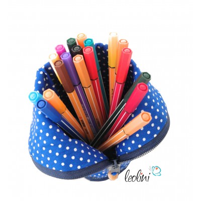 Stehende Stiftetasche, Federmäppchen, Stiftebox mit blauen Punkten
