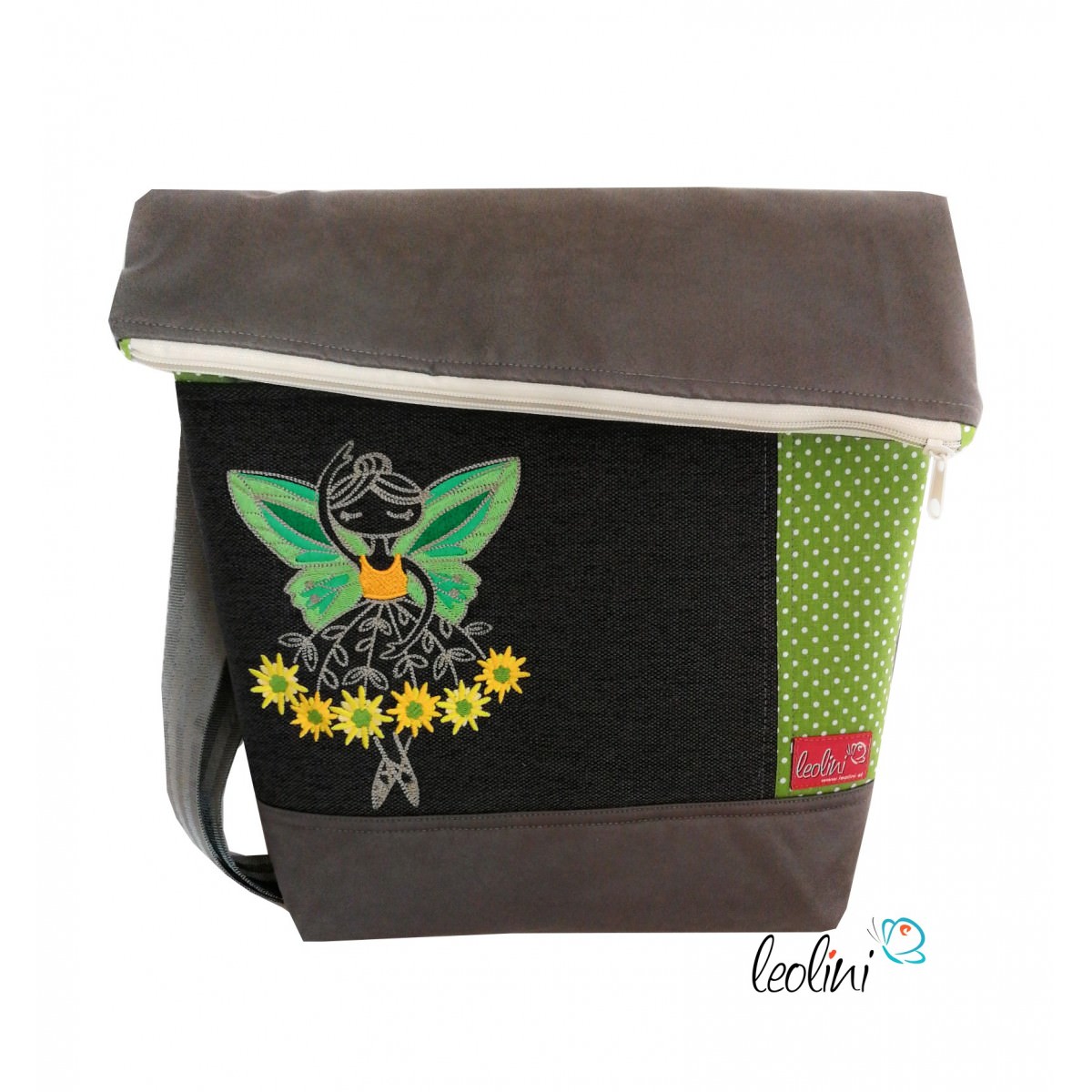 Foldover Tasche mit Stickderei Blumenballerina grau grün