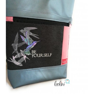Foldover Tasche Kolibri "Be yourself" Stickerei - handgemachte Kunstledertasche