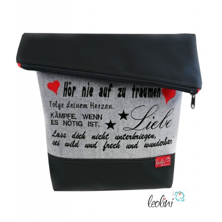 Foldover Tasche Spruch Stickerei Hör nie auf zu träumen  - handgemachte Kunstledertasche Leolini - 2