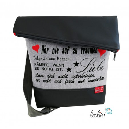 Foldover Tasche Spruch Stickerei Hör nie auf zu träumen  - handgemachte Kunstledertasche Leolini - 6