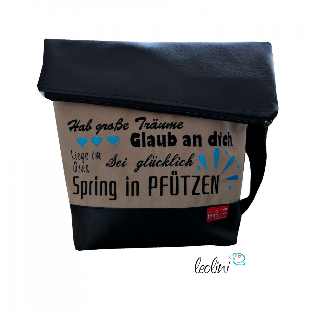 Foldover Tasche Spruch Zitat Stickerei Spring in Pfützen handmade Foldovertasche 