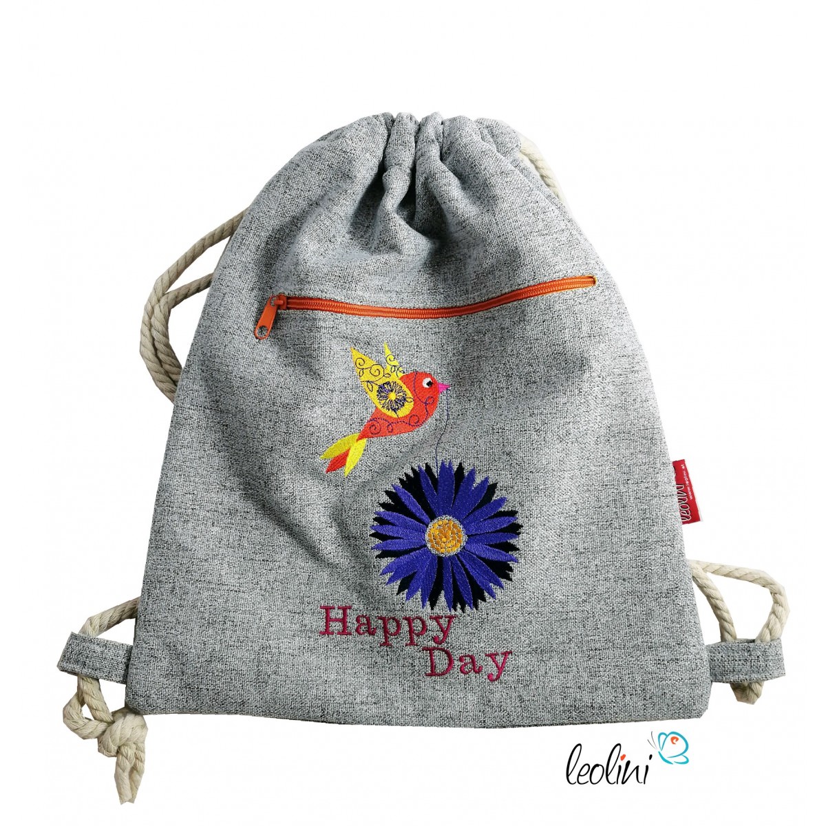 Handmade Sportbeutel Gymbag mit Stickerei Happy Day
