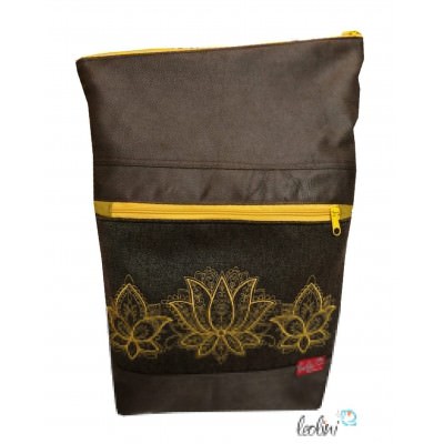 Foldover Tasche Lotusblumen Stickerei  - mit Außenfach