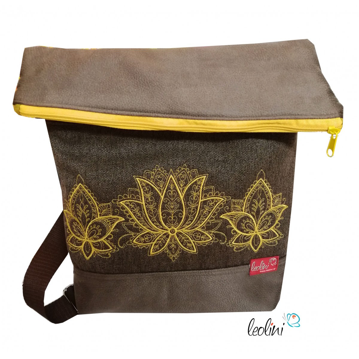 Foldover Tasche Lotusblumen Stickerei  - mit Außenfach