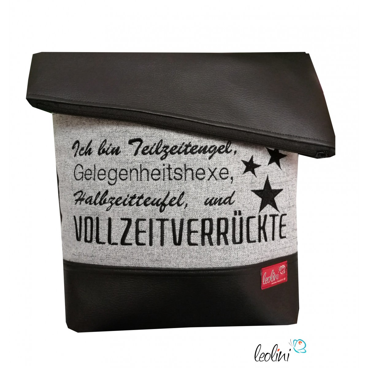 Foldover Tasche Spruch Vollzeitverrückte schwarz - handgemachte Kunstledertasche