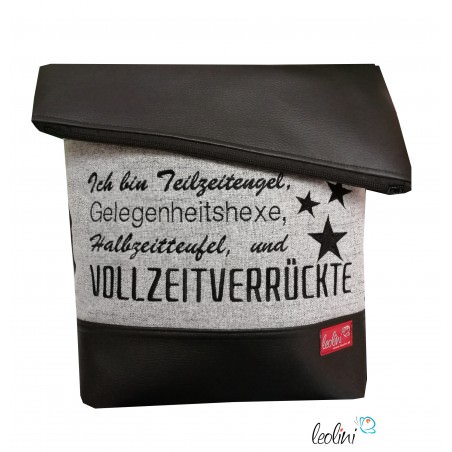 Foldovertasche Spruch Vollzeitverrückte schwarz - handgemachte Kunstledertasche Leolini - 1