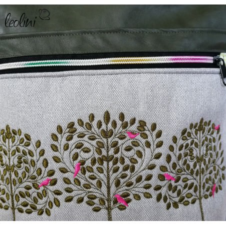 Foldover Tasche Lebensbäume Stickerei oliv mit Außenfach Leolini - 5