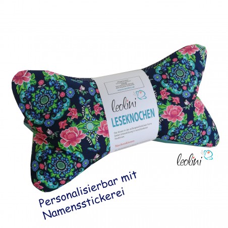 Leseknochen personalisierbar | Nackenkissen BLUMENTRAUM DUNKELBLAU | handgefertigt Leolini - 1