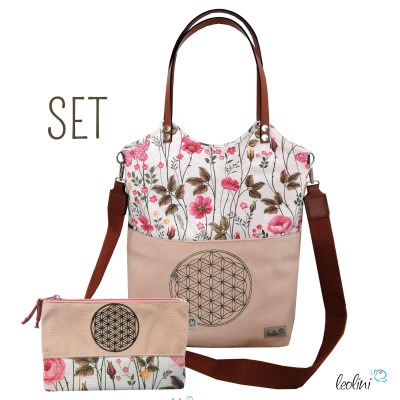 SET: Shopper & Allzwecktasche aus Canvas mit Stickerei Blume des Lebens | BLUME | mit Außenfach und zusätzlichem Gurt