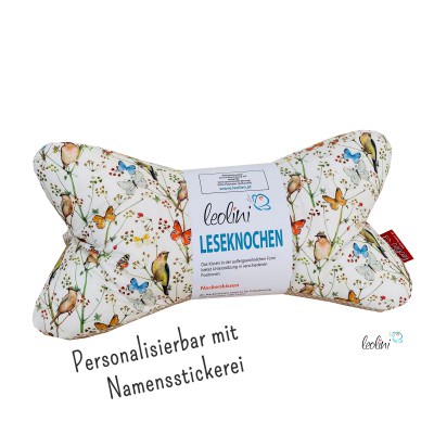 Leseknochen personalisierbar | Nackenkissen mit Vogerl und Schmetterling | handgemacht von Leolini