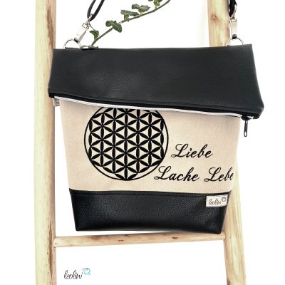 Foldover Tasche LIEBE LACHE LEBE | Blume des Lebens Stickerei von Leolini | mit Außenfach